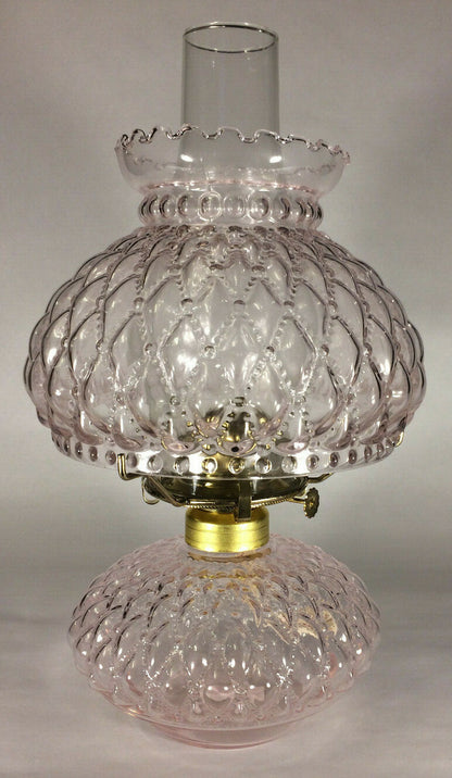 New Complete Oil Lamp w/ Shade Chimney Burner Pink Crystal Diamond Quilted Glass