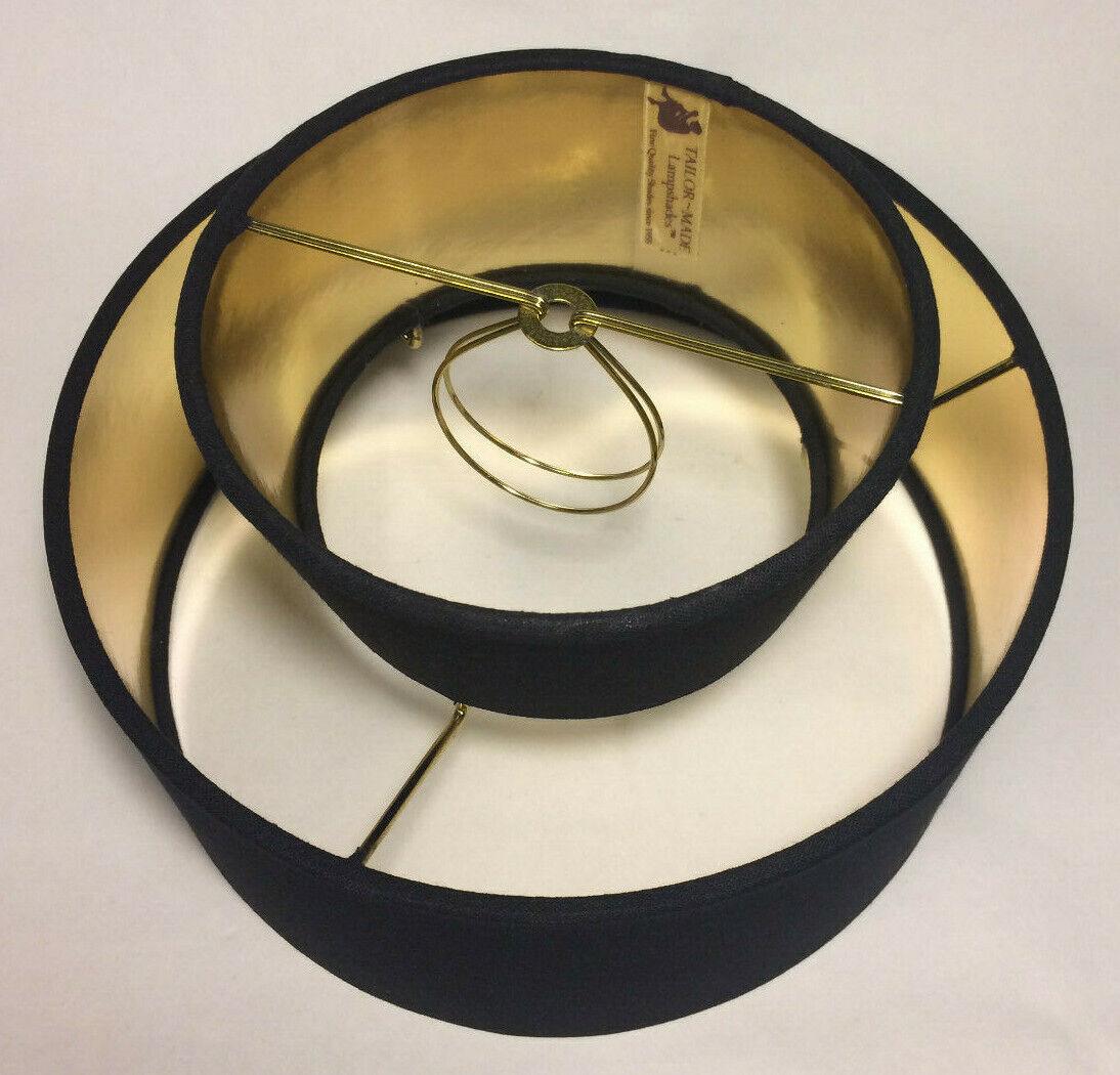 New Black Mid Century Two Tier Hardback Lamp Shade, Bulb Clip, Fine Linen HS690N - Stone Door Lamps
