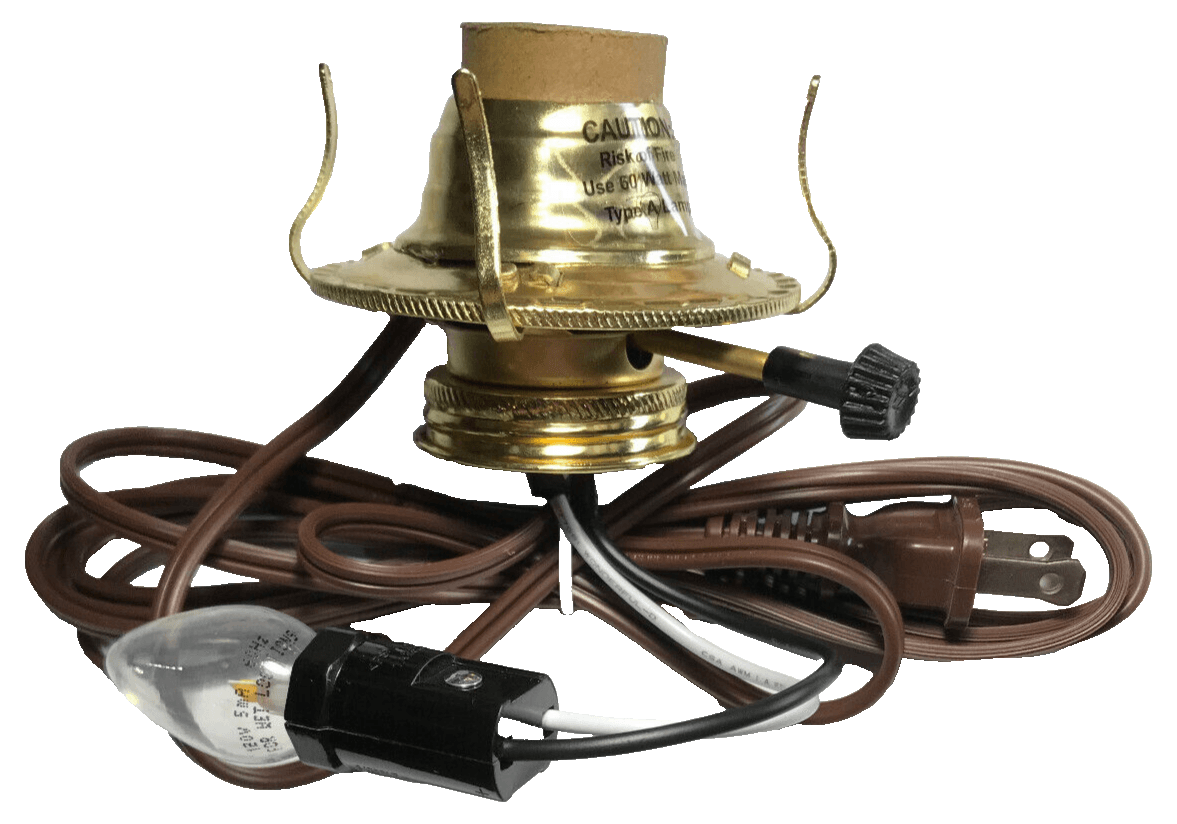 New Brass Plated #2, 3 - Terminal Electric Lamp Burner, 6' Brown Cord Bottom Light - Stone Door Lamps