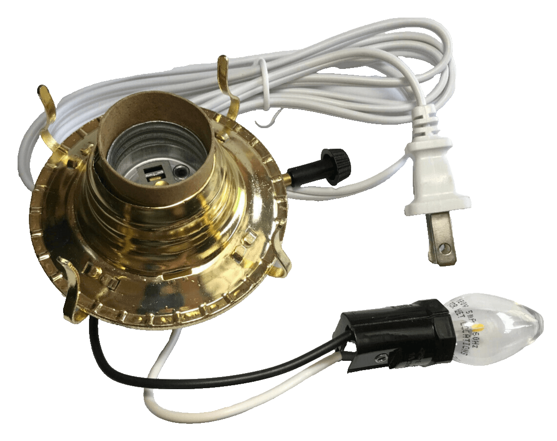 New Brass Plated #2, 3 - Terminal Electric Lamp Burner, 6' White Cord Bottom Light - Stone Door Lamps