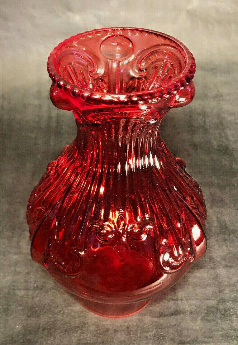 New 3" x 8 1/2" Ruby Embossed Glass Princess Feather Lamp Chimney, F/ #2 burner