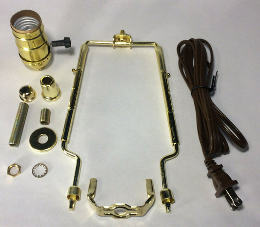 New Table Lamp Wiring Kit w/ Adjustable (9"-11") Brass Harp, 3-Way Socket, Cord