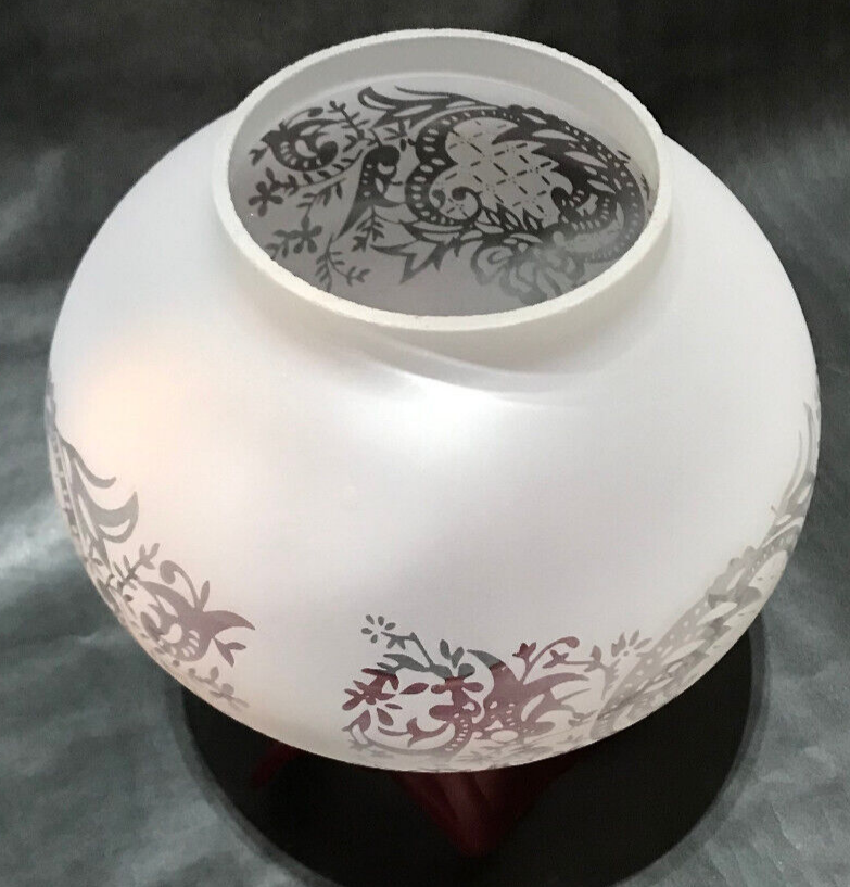 New Etched Filigree Gas Lamp Shade Cranberry Tint Glass w/Crimped Top, 4" Fitter