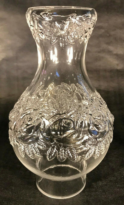 New 3" x 9 1/4" Clear Embossed Glass Roses Lamp Chimney, For #2 Burners, #CH015