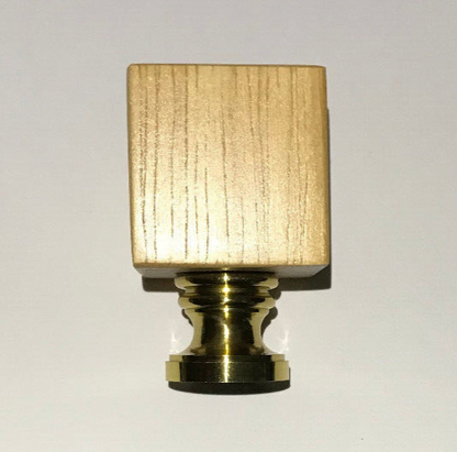 New 1 7/8" Wooden Cube Lamp Finial, Oak Finish, Brass Base, 1/4-27F Tap, #LF263