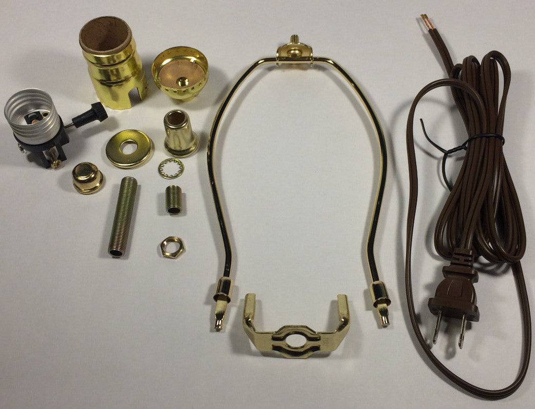 Table Lamp Wiring Kit With 6" Brass Plated Harp, 3 Way Socket, 8 ft. Brown Cord
