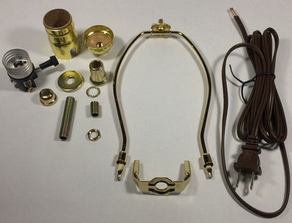 Table Lamp Wiring Kit With 6" Brass Plated Harp, 3 Way Socket, 8 ft. Brown Cord
