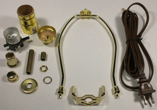Table Lamp Wiring Kit 7" Brass Plated Harp, Push-Thru Socket, 8 ft. Brown Cord
