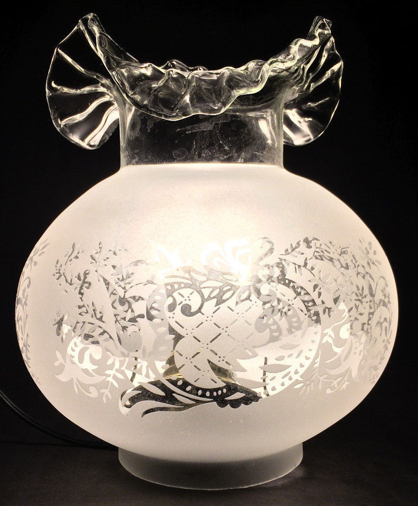 New 4" Fitter Etched Filigree Glass Gas Globe Lamp Shade w/ Crimped Top 8.5" Ht.