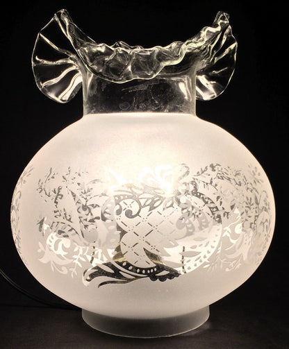 New 4" Fitter Etched Filigree Glass Gas Globe Lamp Shade w/ Crimped Top 8.5" Ht.