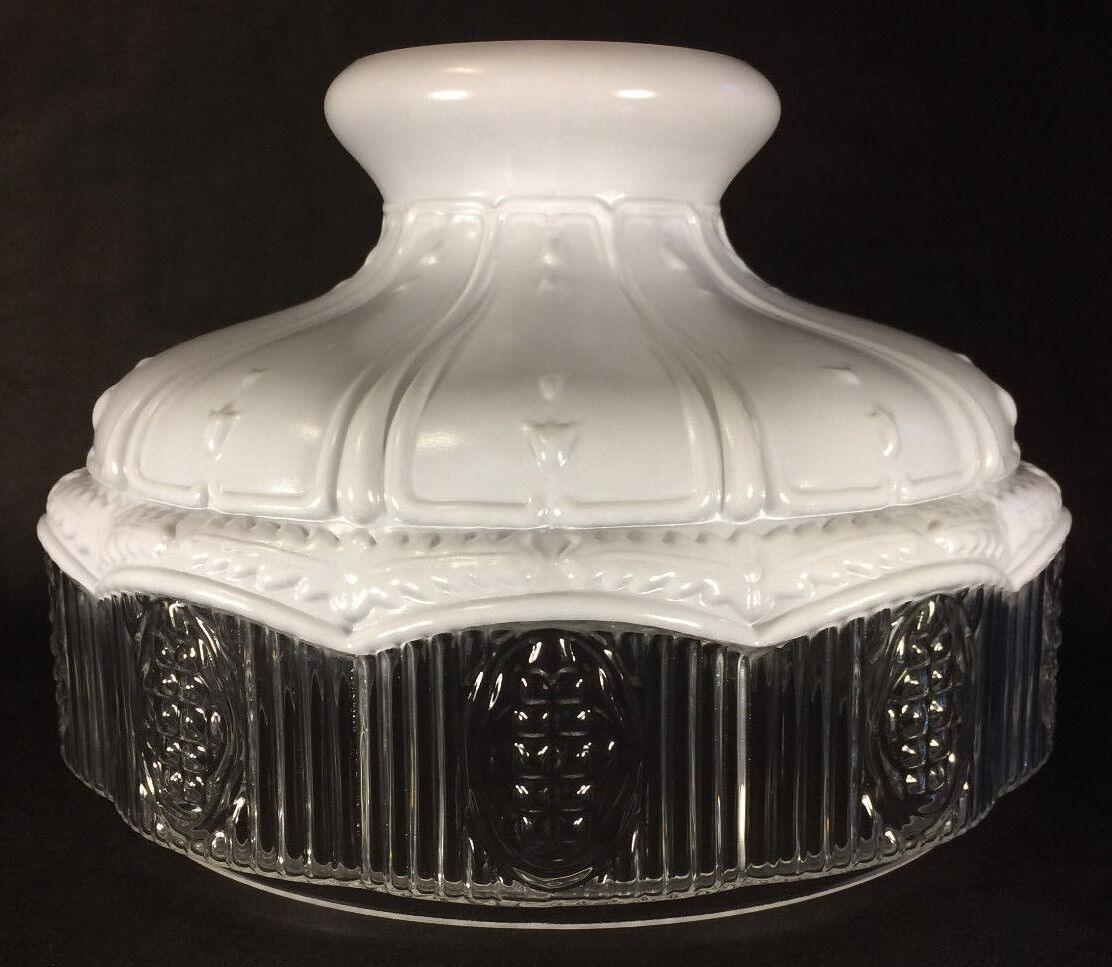 New 10" Glass Oil Lamp Shade Satin White Top Clear Crystal Panel fits Aladdin - Stone Door Lamps
