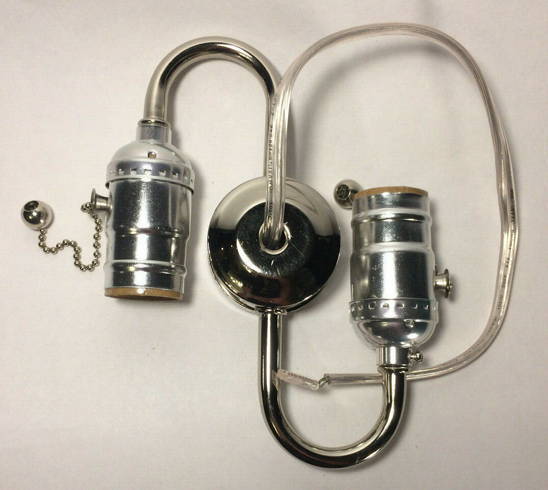 New Wired S-Type 2-Light Lamp Cluster w/ Pull Chain Sockets, Nickel Finish #412N