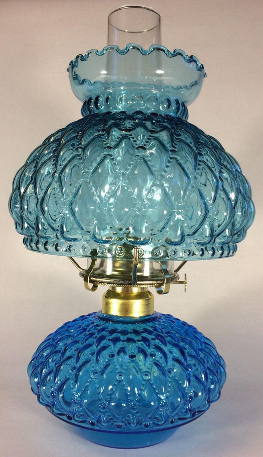 New Complete Light Blue Glass Diamond Quilted Oil Lamp With Shade,Chimney,Burner - Stone Door Lamps