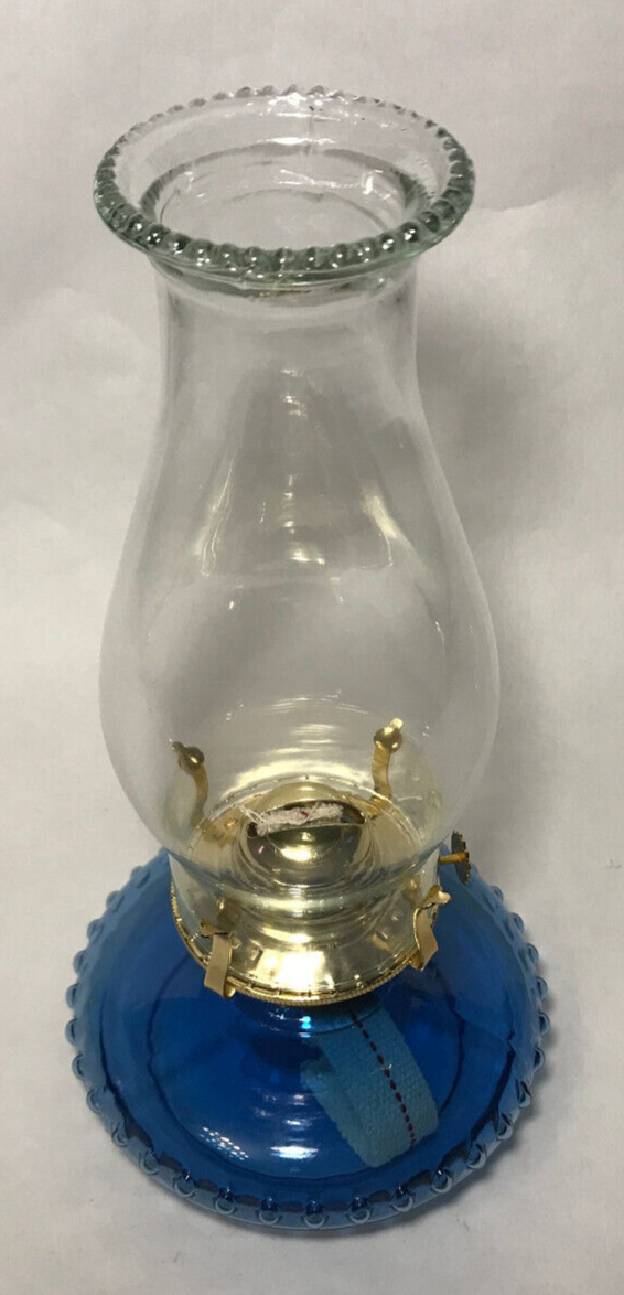 New Medium Blue Glass Oil Lamp Font With Brass Plated Burner, Beaded Top Chimney