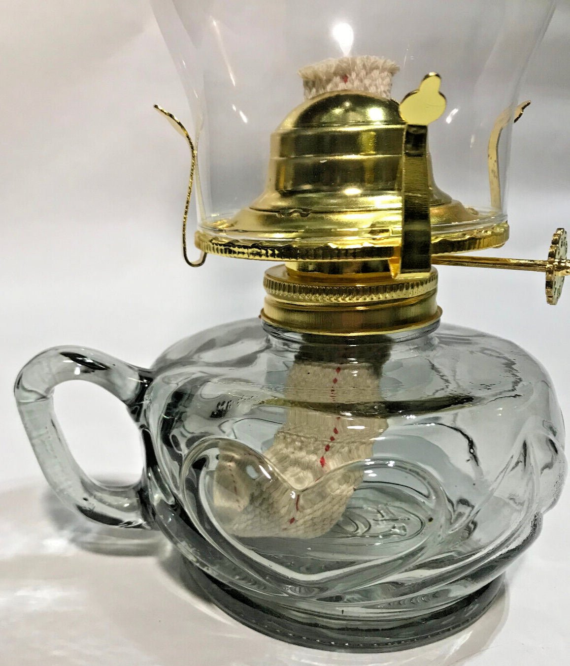 New Gray Glass United Hearts Finger Oil Lamp w/ Brass Plated Burner & Chimney - Stone Door Lamps