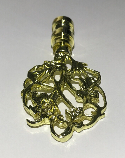 New 3 1/8" Brass Vine Design Lamp Finial, Polished & Lacquered, 1/4-27F #BF080