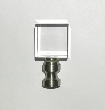 New Clear Crystal Cube Lamp Finial, Satin Nickel Brass Base, 1 3/4" ht., 1/4-27