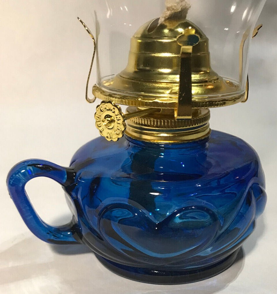 New Blue Glass United Hearts Finger Oil Lamp w/ Brass Plated Burner & Chimney - Stone Door Lamps