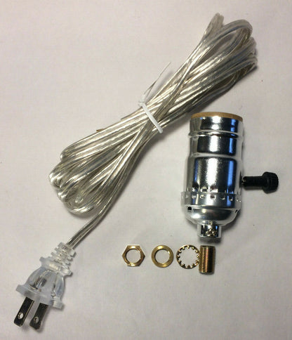 Vintage Table Lamp Rewiring Kit w/ Nickel Plated 3-Way Socket, Clear Silver Cord