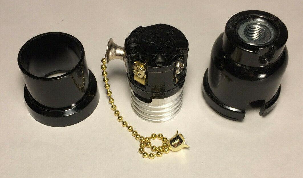 New Phenolic Bakelite Pull Chain Lamp Socket w/ Brass Chain, E26, #SO671 - Stone Door Lamps