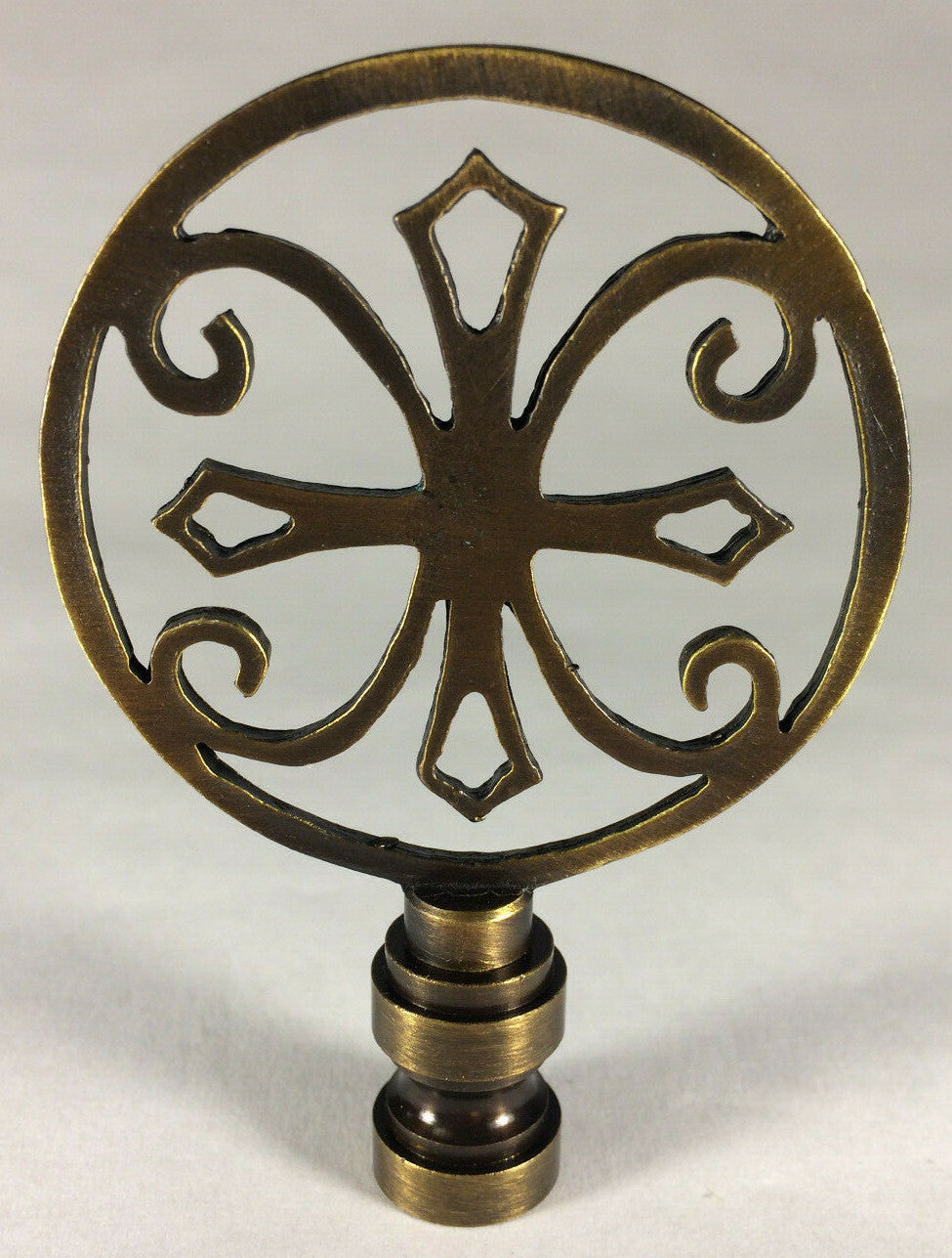 New 1 15/16" Brass Cross Lamp Harp Finial, Antique Brass Finish, 1/4-27F, #LF343