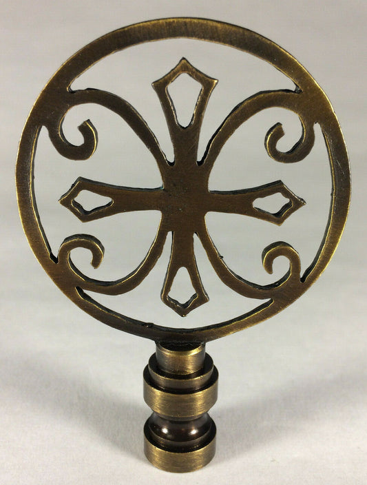 New 1 15/16" Brass Cross Lamp Harp Finial, Antique Brass Finish, 1/4-27F, #LF343