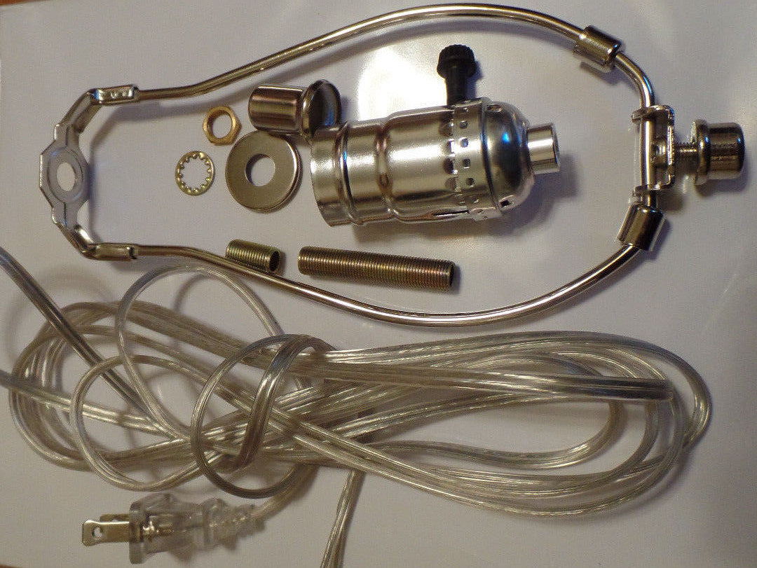 Table Lamp Wiring Kit 10" Nickel Plated Harp - 3 Way Socket - Clear Silver Cord