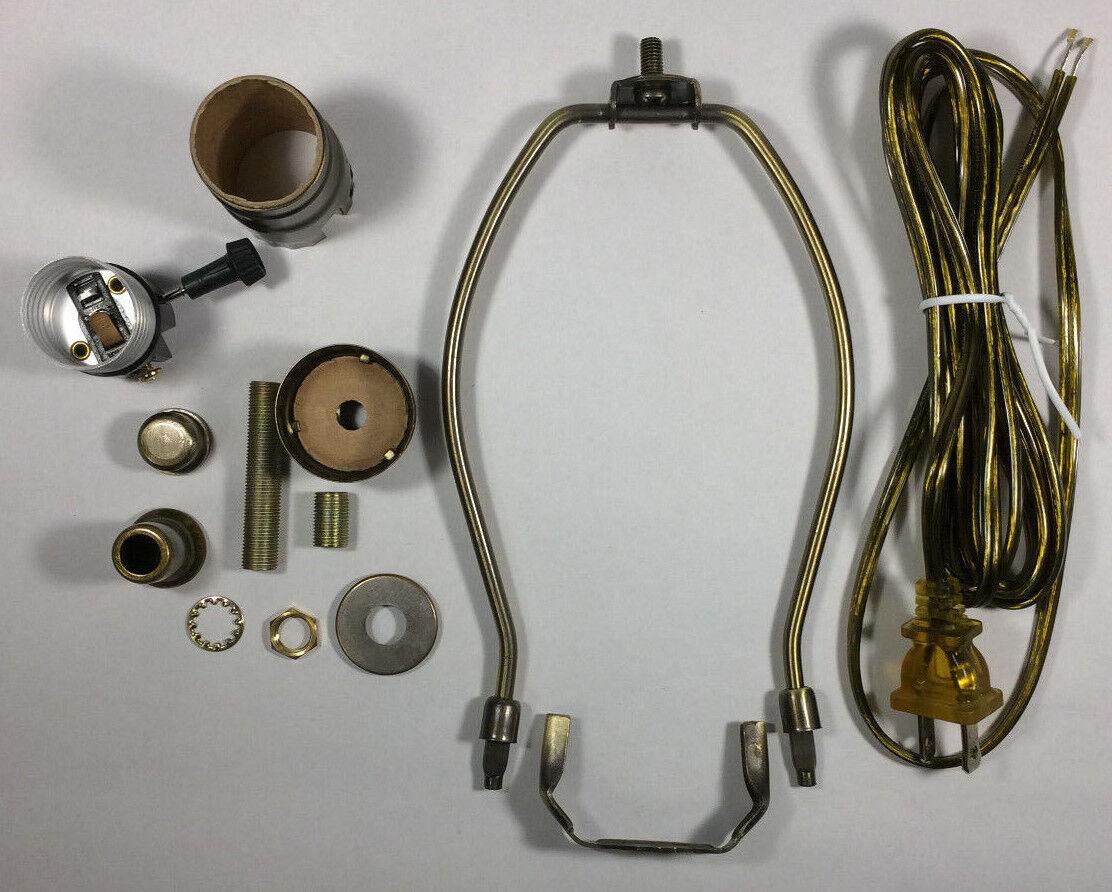 Table Lamp Wiring Kit W/ 9" Antique Finish Harp,3 Way Socket, Antique Brass Cord - Stone Door Lamps