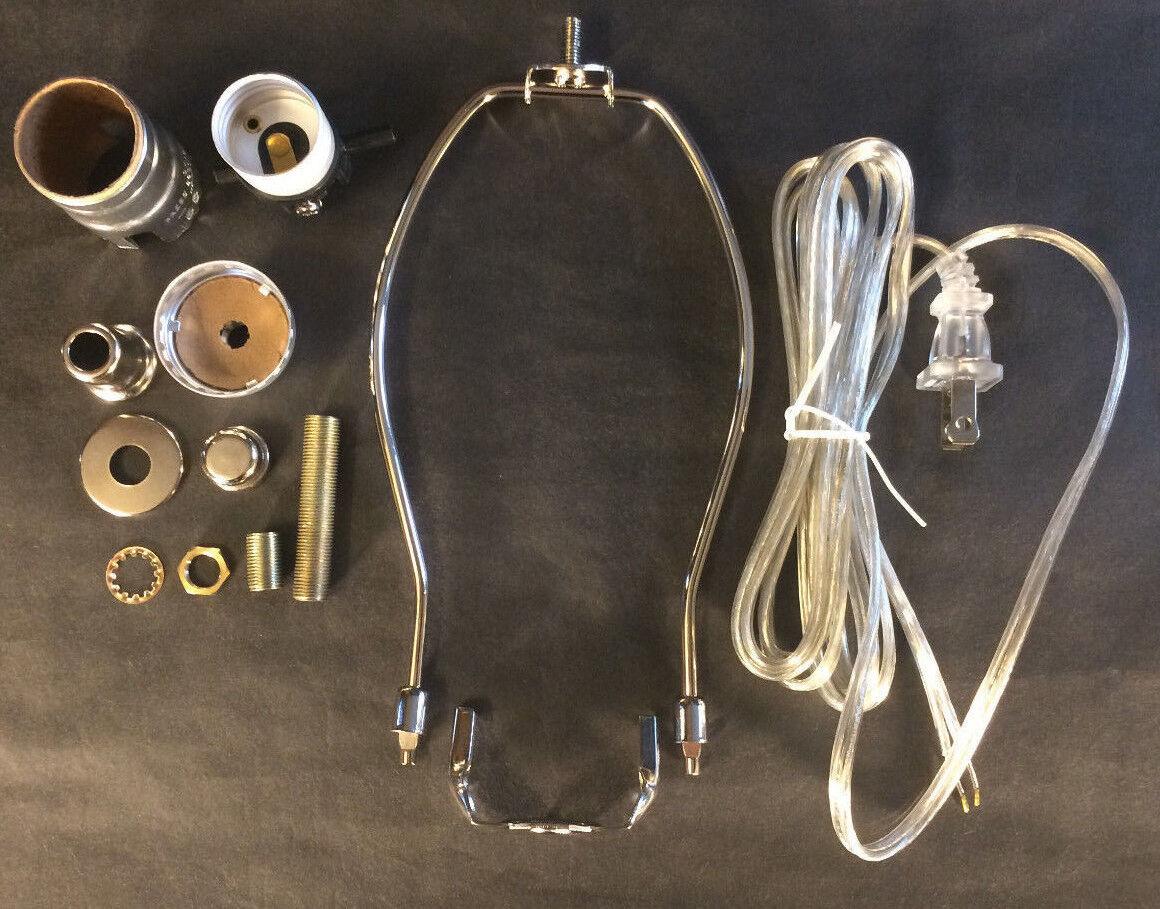 Table Lamp Wiring Kit 6" Nickel Plated Harp, Push - Thru Socket,Clear Silver Cord - Stone Door Lamps