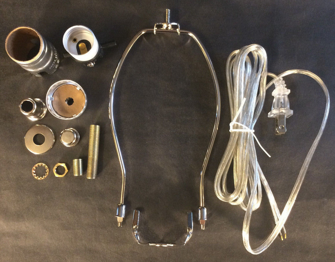 Table Lamp Wiring Kit 9" Nickel Plated Harp, Push-Thru Socket,Clear Silver Cord