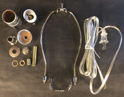 Table Lamp Wiring Kit 9" Nickel Plated Harp, Push-Thru Socket,Clear Silver Cord
