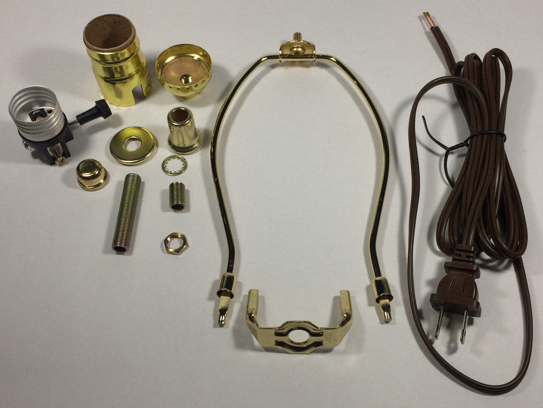 Table Lamp Wiring Kit With 8" Brass Plated Harp, 3 Way Socket, 8 ft. Brown Cord