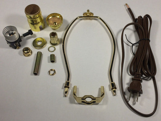 Table Lamp Wiring Kit With 8" Brass Plated Harp, 3 Way Socket, 8 ft. Brown Cord