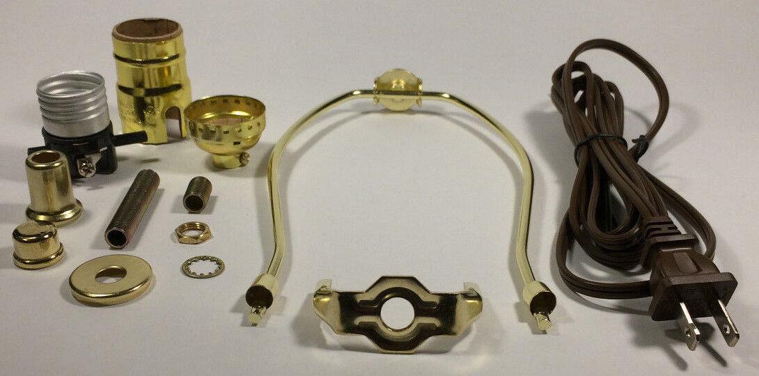 Table Lamp Wiring Kit 9" Brass Plated Harp, Push - Thru Socket, 8 ft. Brown Cord - Stone Door Lamps
