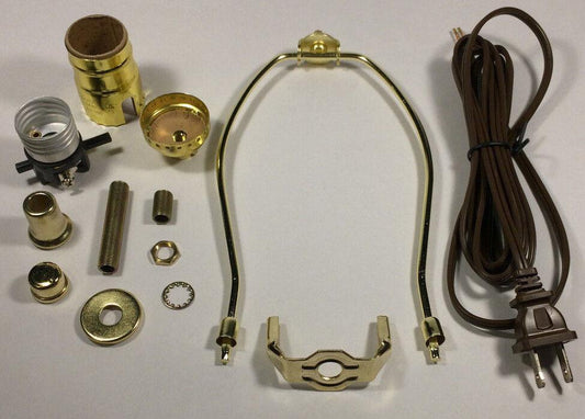 Table Lamp Wiring Kit 10" Brass Plated Harp, Push - Thru Socket, 8 ft. Brown Cord - Stone Door Lamps