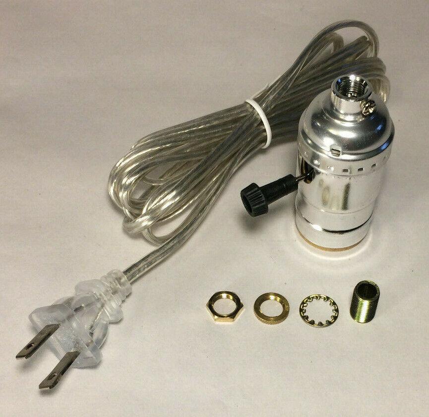 Vintage Table Lamp Rewiring Kit w/ Nickel Plated 3 - Way Socket, Clear Silver Cord - Stone Door Lamps