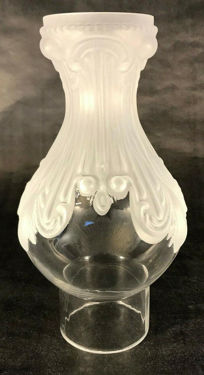 New 2.5" x 8 1/4" Frosted & Clear Embossed Glass Princess Feather Lamp Chimney 