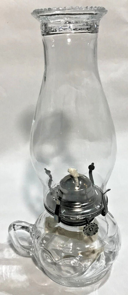 New Clear Glass United Hearts Finger Oil Lamp w/ Antique Brass Burner & Chimney - Stone Door Lamps