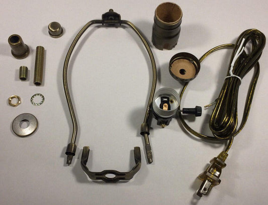 Table Lamp Wiring Kit W/ 6" Antique Finish Harp,3 Way Socket, Antique Brass Cord - Stone Door Lamps