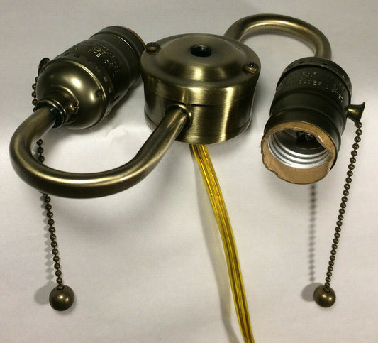 New Wired S-Type 2-Light Lamp Cluster w/ Pull Chain Sockets, Antique Finish 412A