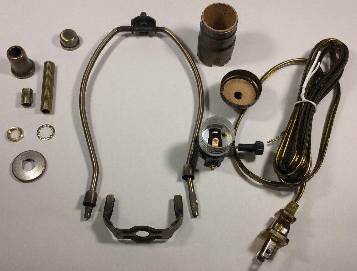 Table Lamp Wiring Kit W/ 9" Antique Finish Harp,3 Way Socket, Antique Brass Cord - Stone Door Lamps