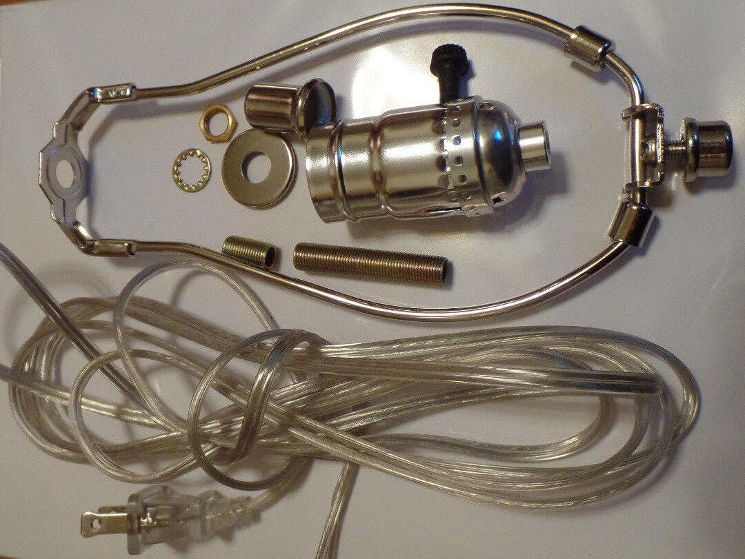 Table Lamp Wiring Kit 7" Nickel Plated Harp - 3 Way Socket - Clear Silver Cord - Stone Door Lamps