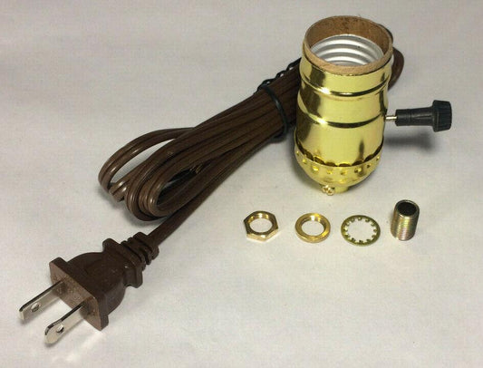 New Vintage Table Lamp Rewiring Kit w/ Brass Plated 3 - Way Socket, Brown Cord 53P - Stone Door Lamps