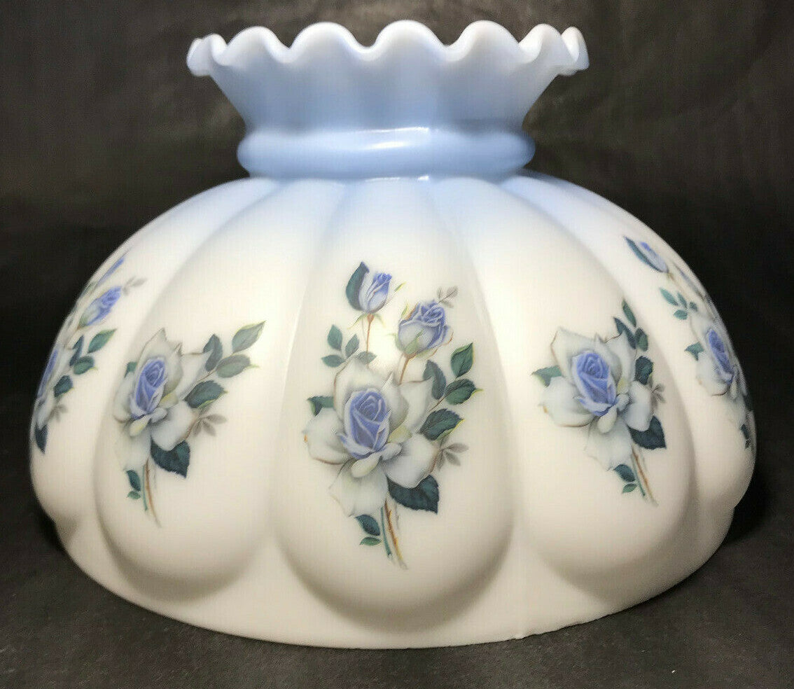 New 10" Crimped Melon Student Lamp Shade, Painted Sapphire Roses Scene Blue Tint