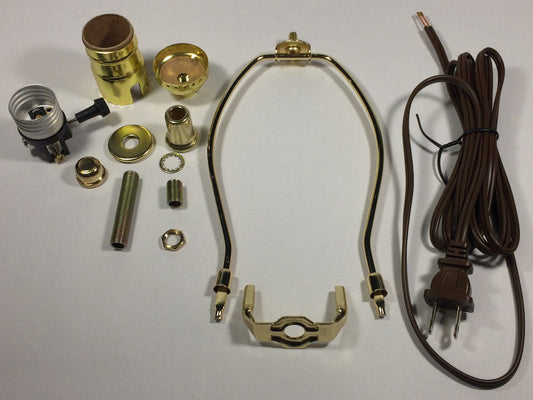 Table Lamp Wiring Kit With 10" Brass Plated Harp, 3 Way Socket,8 ft. Brown Cord