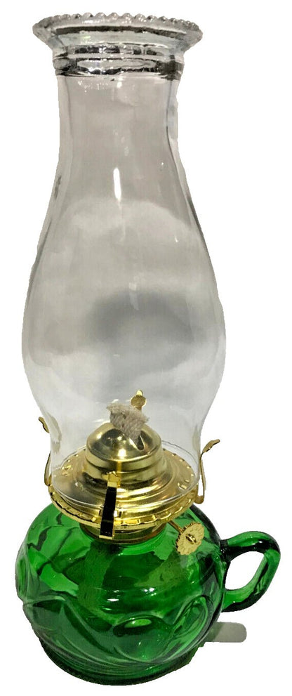 New Green Glass United Hearts Finger Oil Lamp w/ Brass Plated Burner & Chimney - Stone Door Lamps