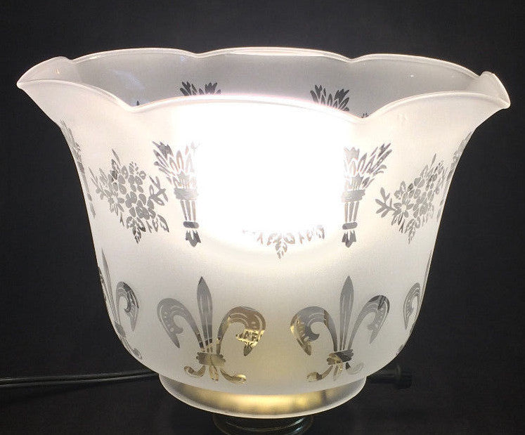 4" Fitter Frosted FLEUR-DE-LIS ETCHED FILIGREE GLASS GAS FLOOR LAMP SHADE #8544
