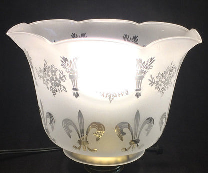 4" Fitter Frosted FLEUR-DE-LIS ETCHED FILIGREE GLASS GAS FLOOR LAMP SHADE #8544