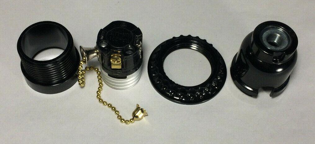 New Threaded Phenolic Bakelite Pull Chain Lamp Socket w/ Shade Ring, E26, #SO682