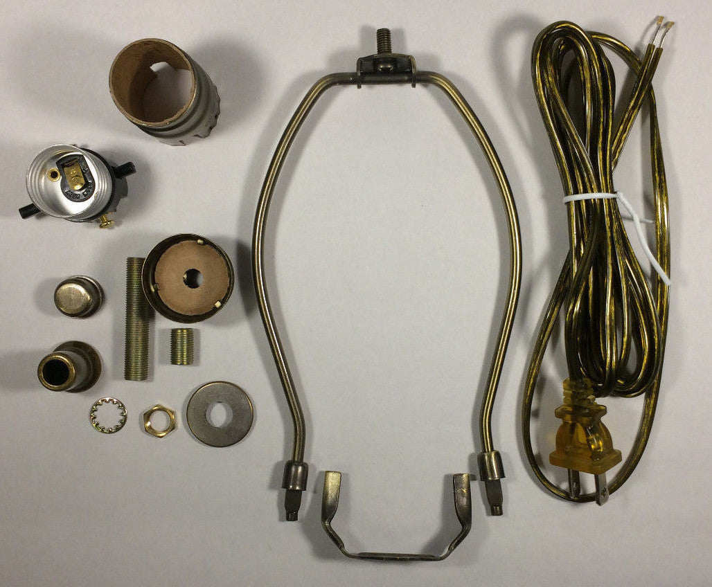 Table Lamp Wiring Kit 9" Antique Finish Harp,PushThru Socket,Antique Brass Cord